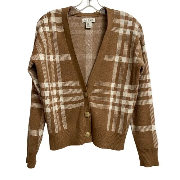 Rachel Zoe Three Button Front Cardigan Sweater Size XS Tan White Plaid Academia - Picture 1 of 15